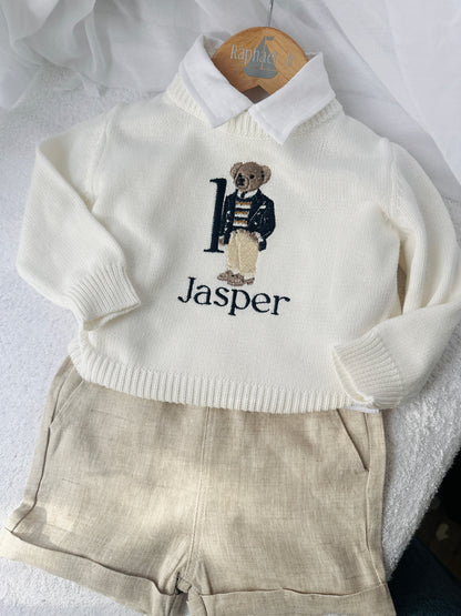 Polo Bear first birthday set with linen shirt, shorts and bear jumper