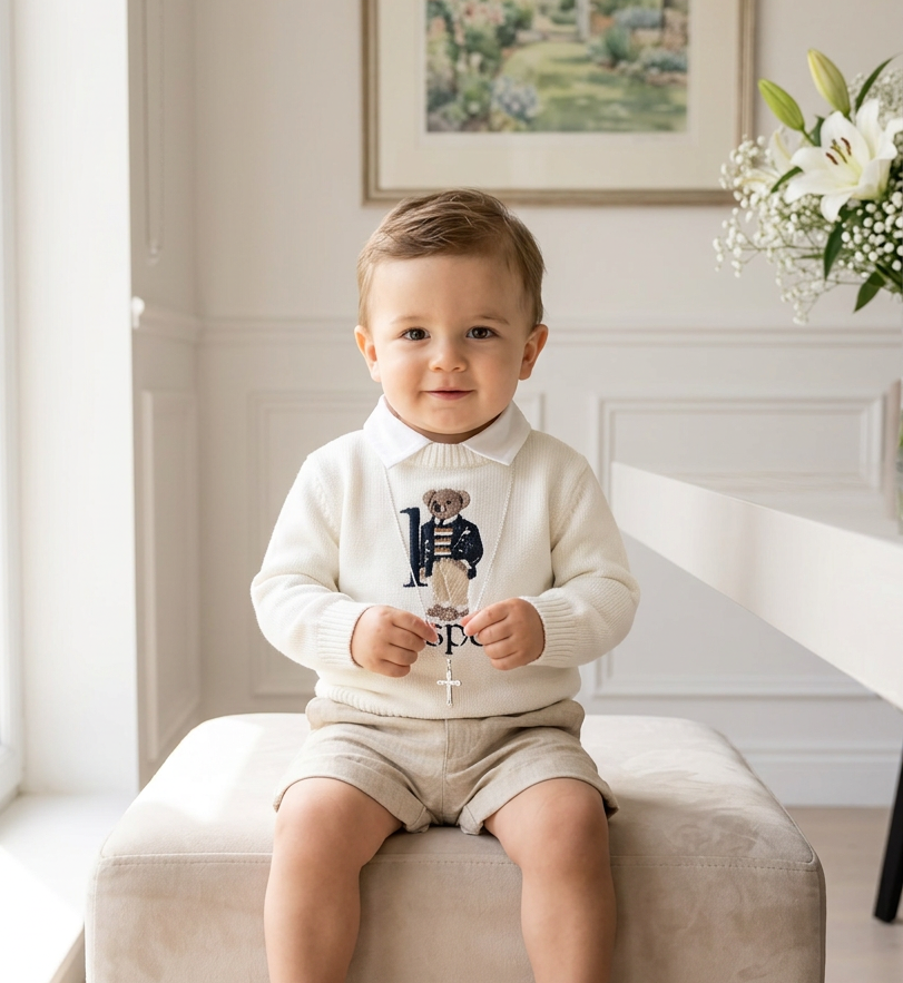 Polo Bear first birthday set with linen shirt, shorts and bear jumper
