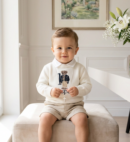 Polo Bear first birthday set with linen shirt, shorts and bear jumper