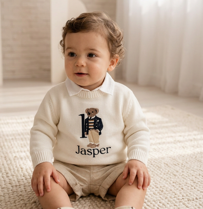 Polo Bear first birthday set with linen shirt, shorts and bear jumper