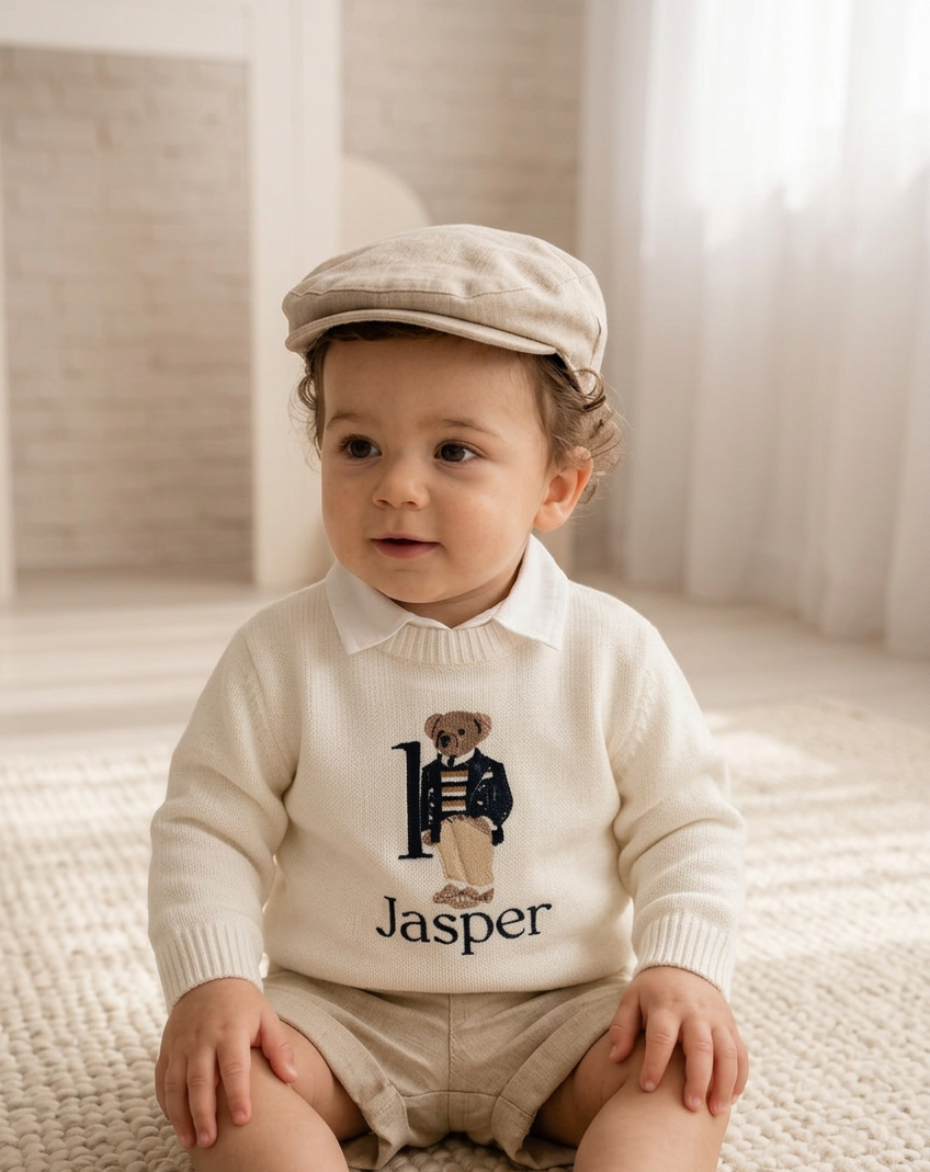 Polo Bear first birthday set with linen shirt, shorts and bear jumper