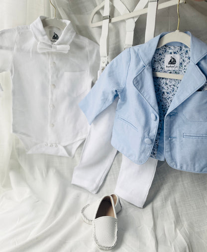 Boys Pale Blue chambray Jacket and White Linen Baptism Outfit
