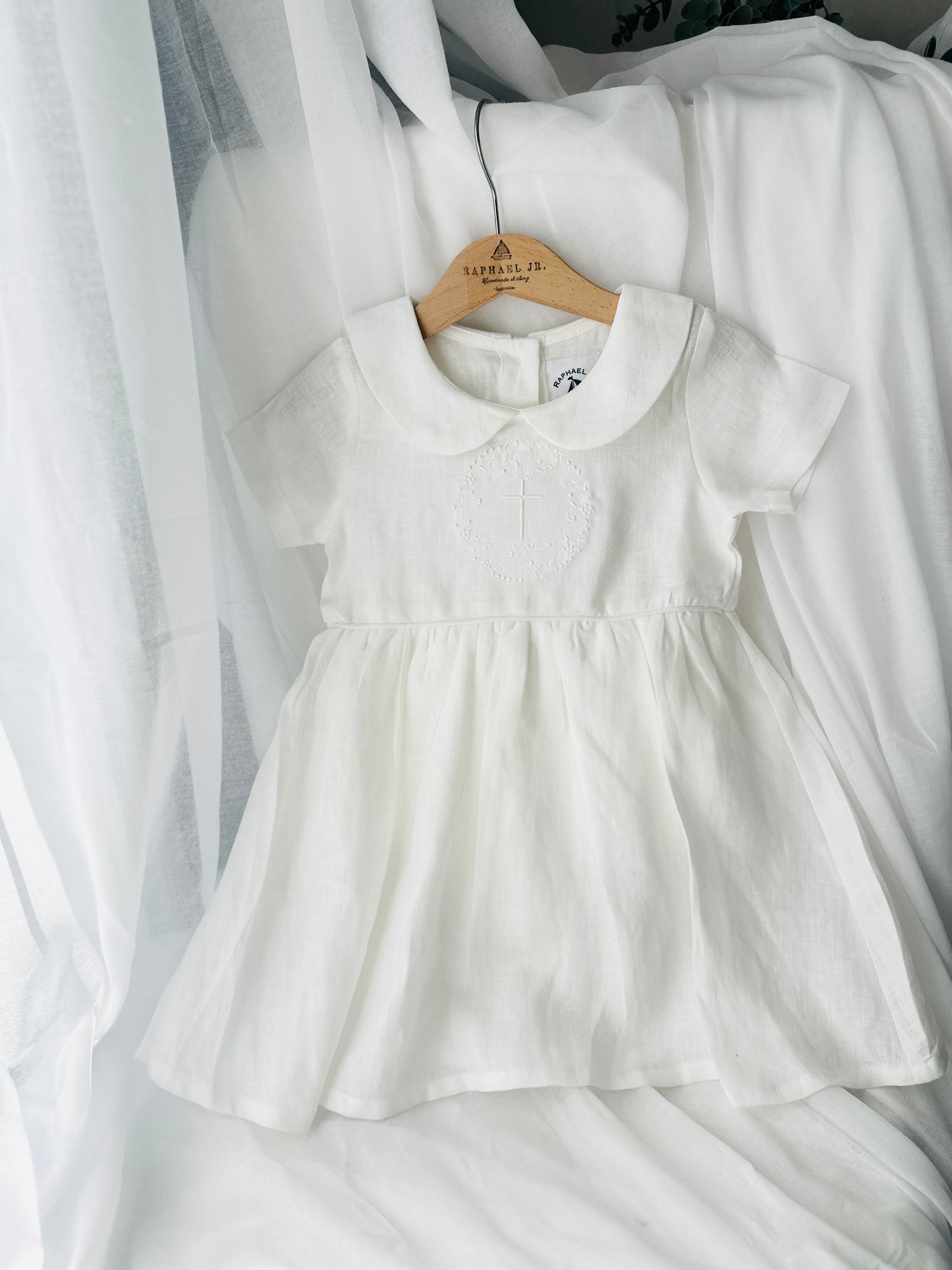 Pure Linen knee length Baptism Dress with embroidery and bloomers and optional ribbon