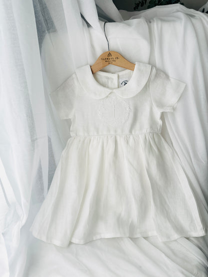 Pure Linen knee length Baptism Dress with embroidery and bloomers and optional ribbon