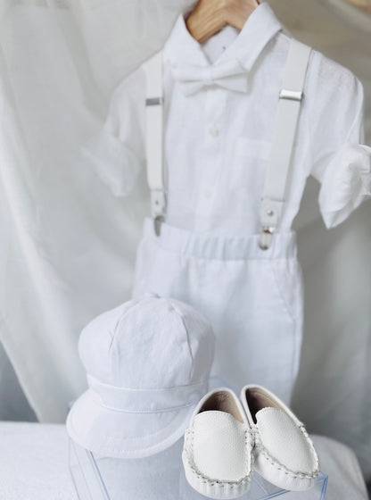 White linen Baptism Suit outfit with optional blue jacket and Accessories
