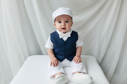 Boys Navy blue vest with white linen suit set