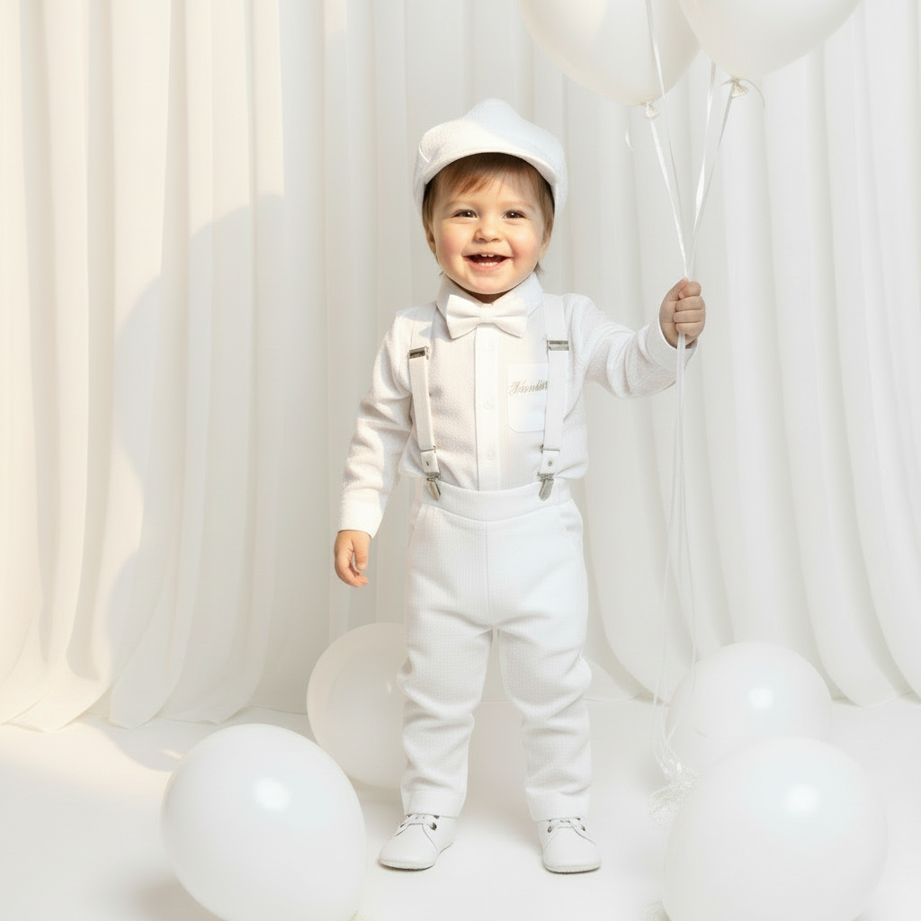 White linen Baptism suit set with pants, shirt, suspenders and bowtie plus optional jacket and extras