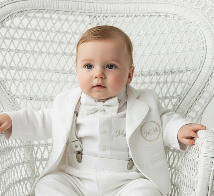 White linen Baptism suit set with pants, shirt, suspenders and bowtie plus optional jacket and extras