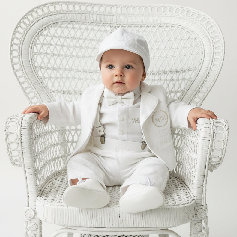 White linen Baptism suit set with pants, shirt, suspenders and bowtie plus optional jacket and extras