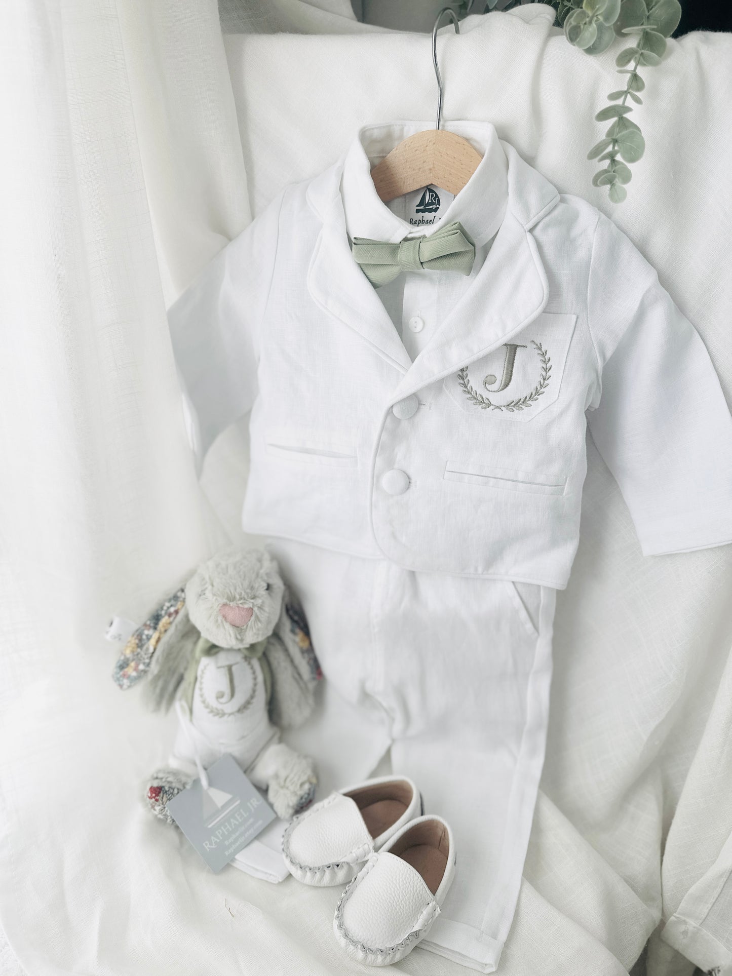 White linen Baptism suit set with pants, shirt, suspenders and bowtie plus optional jacket and extras