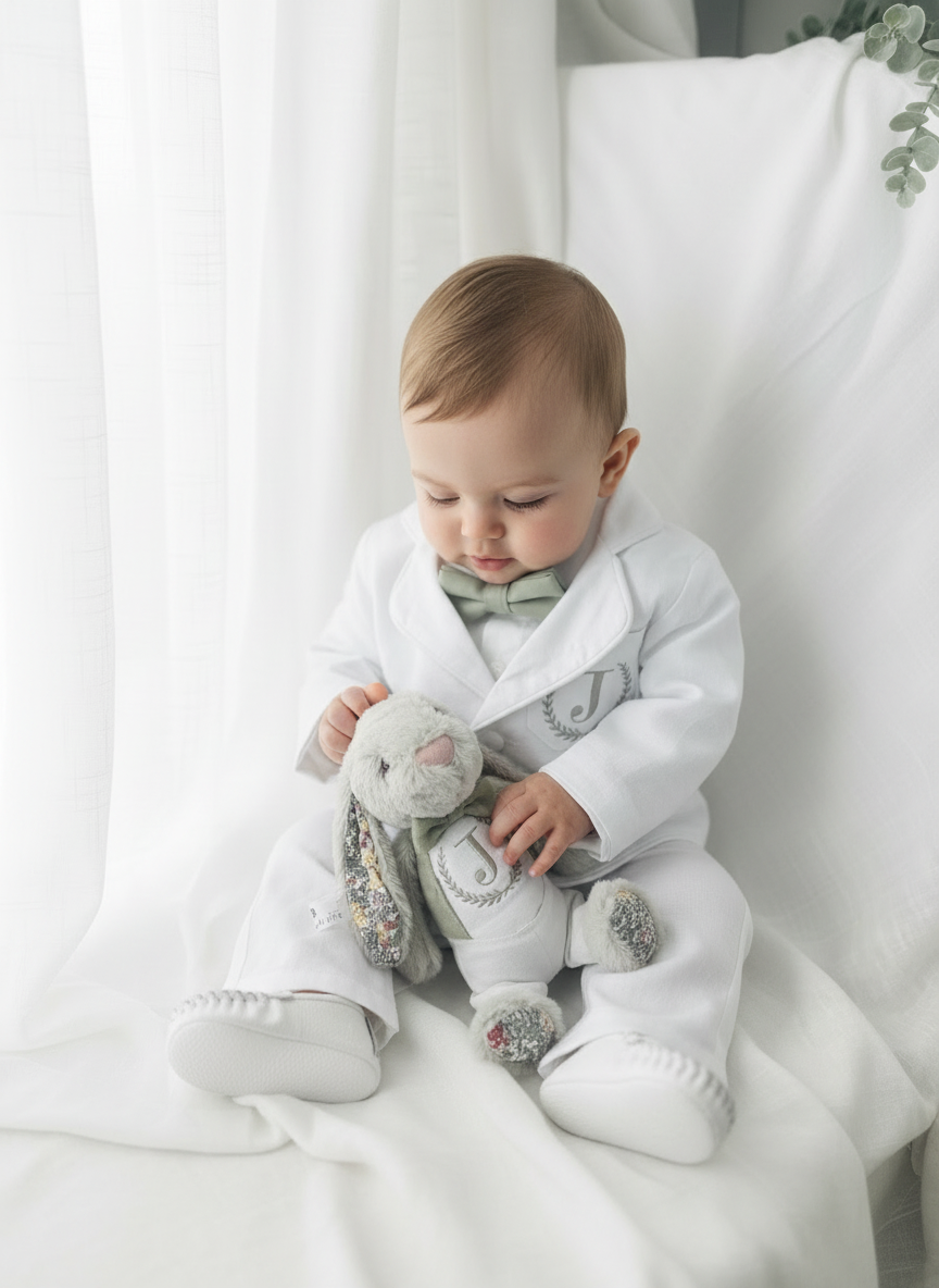 White linen Baptism suit set with pants, shirt, suspenders and bowtie plus optional jacket and extras