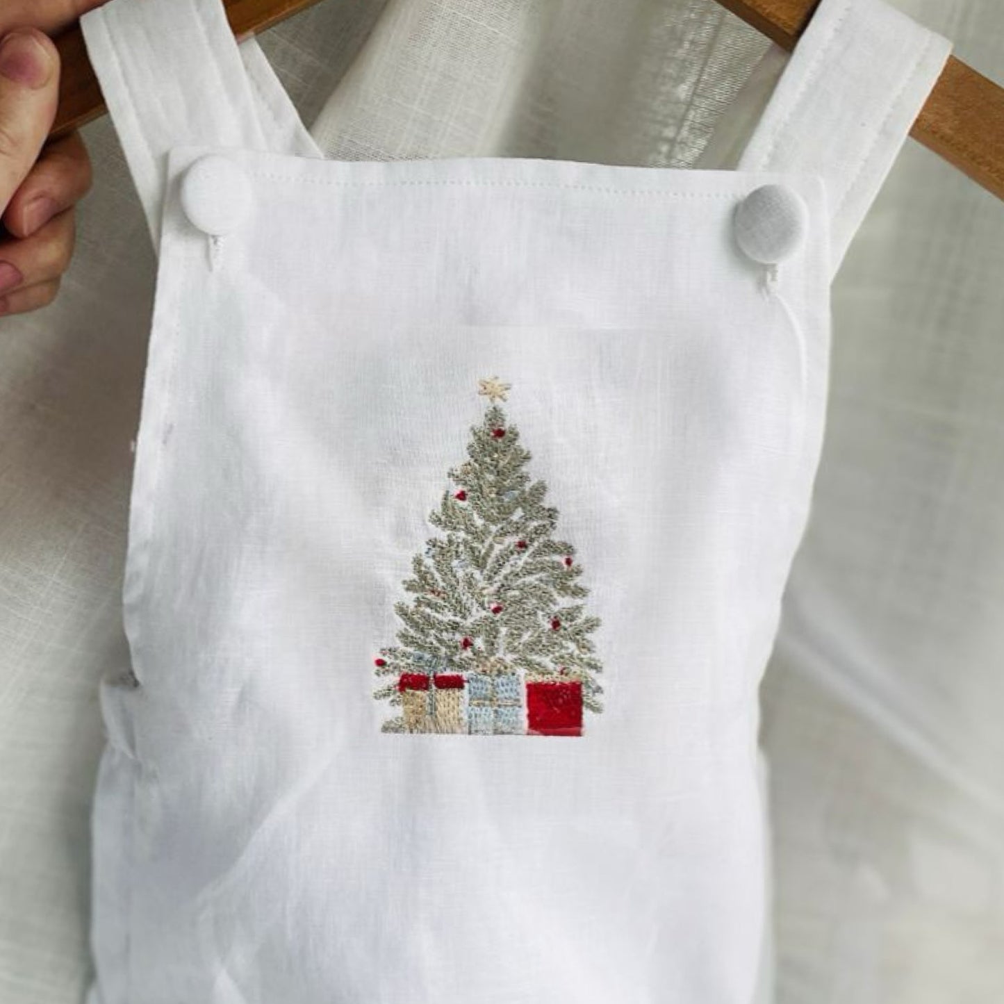 Christmas romper overalls in linen with embroidered design