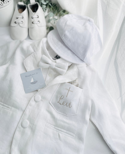Boys White linen Baptism blazer jacket with optional embroidery