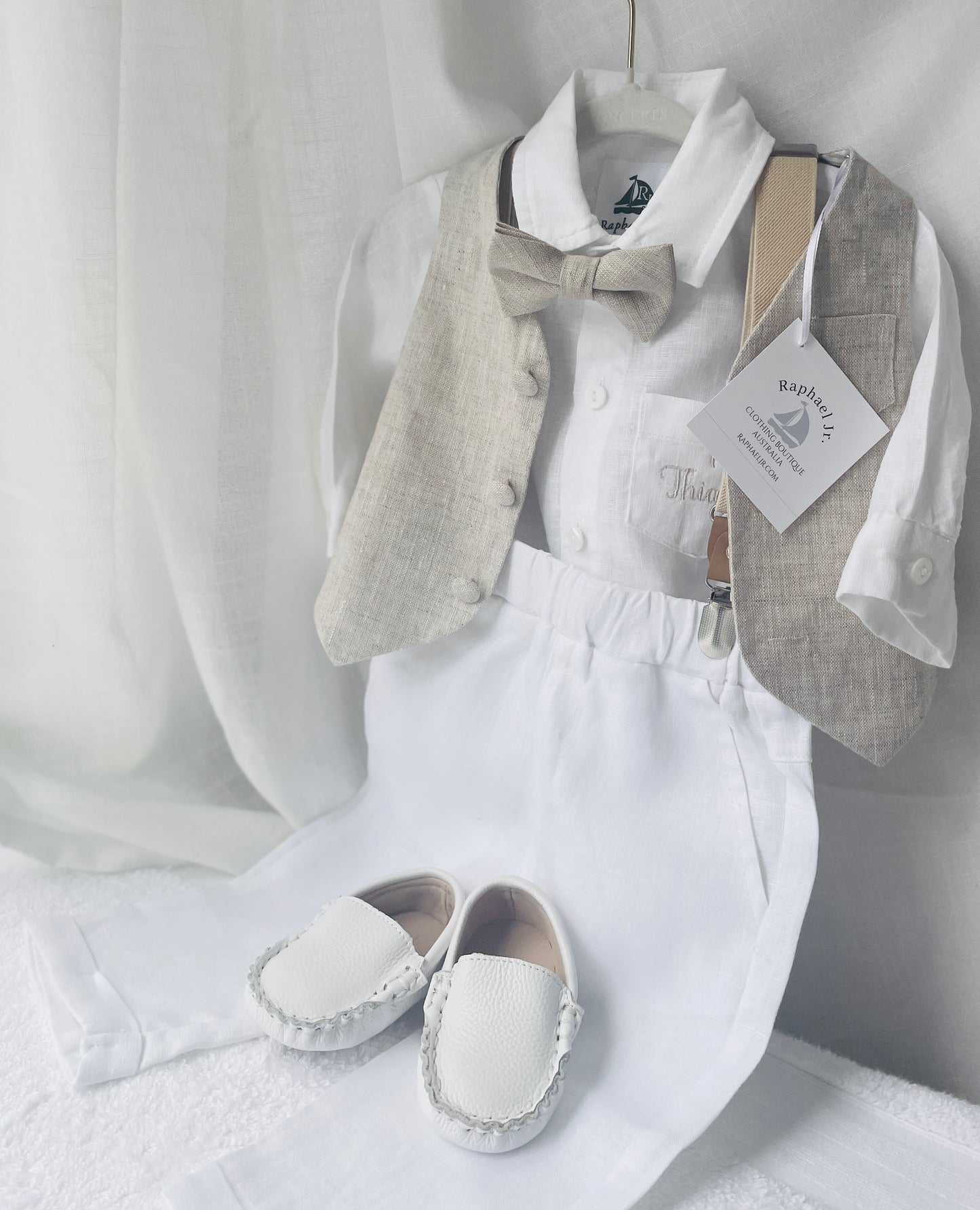 White and Beige Linen set with vest, shirt, pants, suspenders and bowtie plus optional jacket, cap and shoes