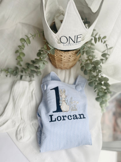 Boys Blue or white Birthday romper overalls Peter Rabbit