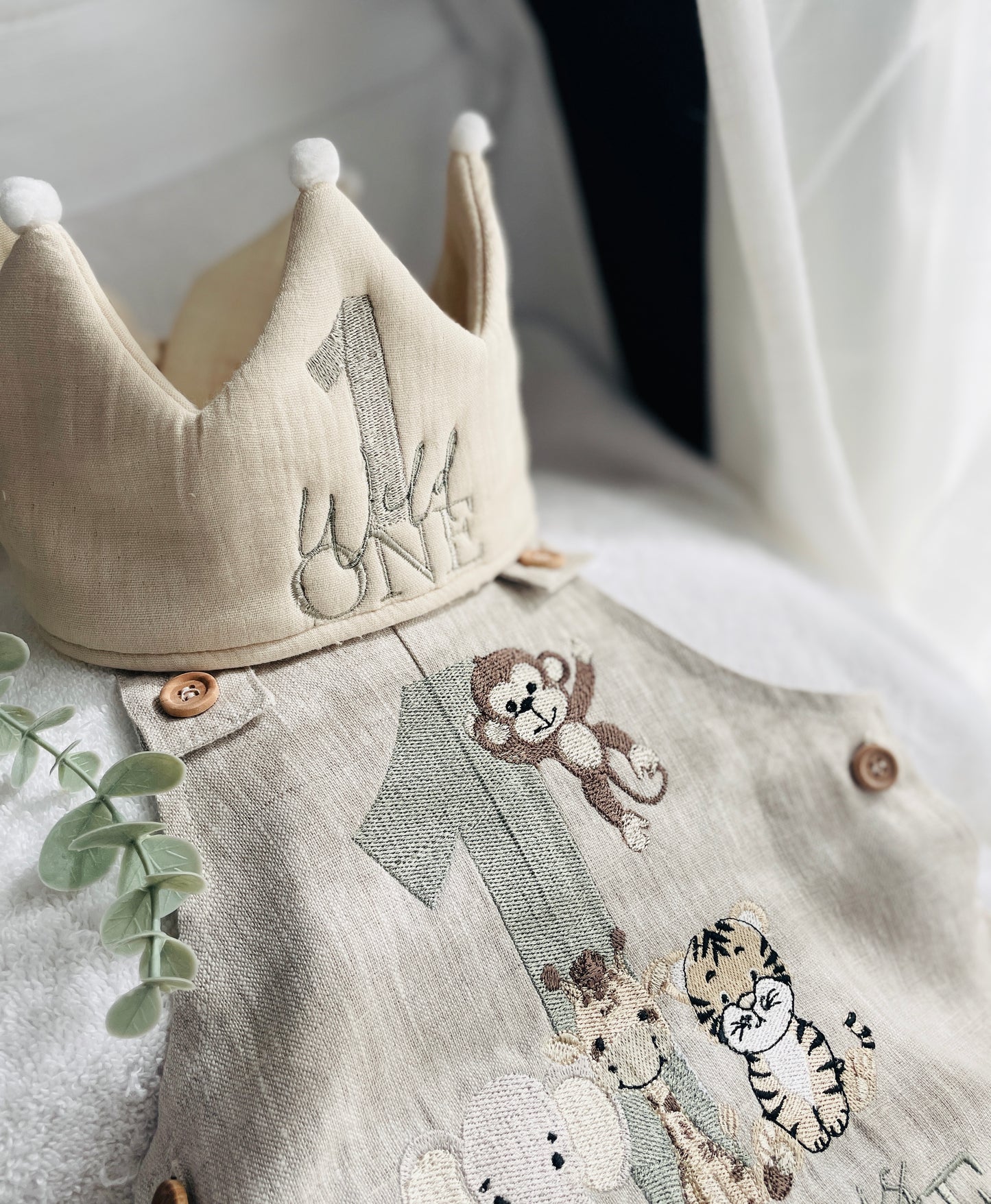 Beige or white Linen Birthday crown hat with embroidery