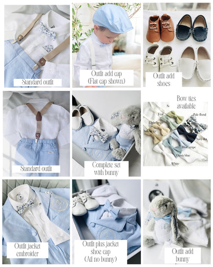 Blue chambray set with blue pants, white linen shirt, white, blue or beige suspenders and blue bow tie