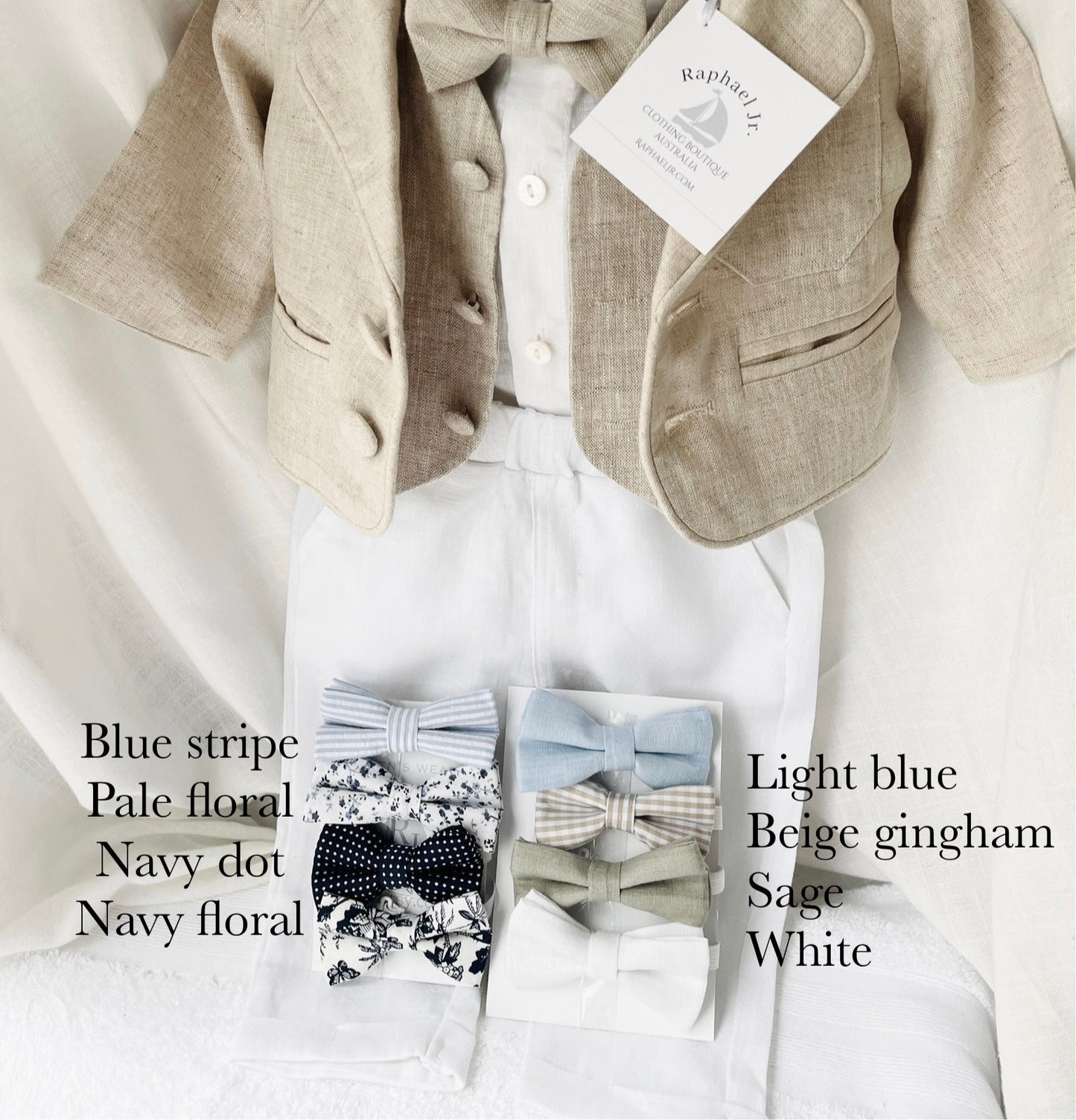 Boys White and Beige linen set with vest, shirt, pants, suspenders and bowtie plus optional jacket, cap and shoes