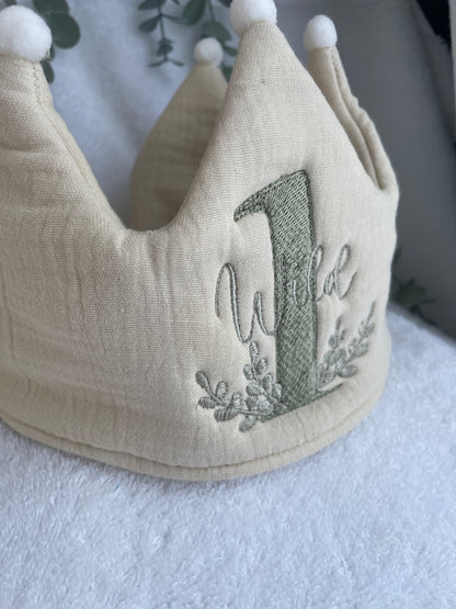 Beige or White First Birthday crown hat with embroidery