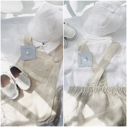 Beige linen baptism romper and shirt set