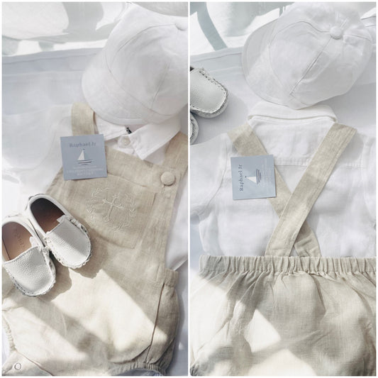 Baby and Toddler boys beige and white linen baptism romper and shirt set