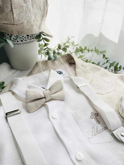 Beige linen suit with optional jacket, cap and shoes.