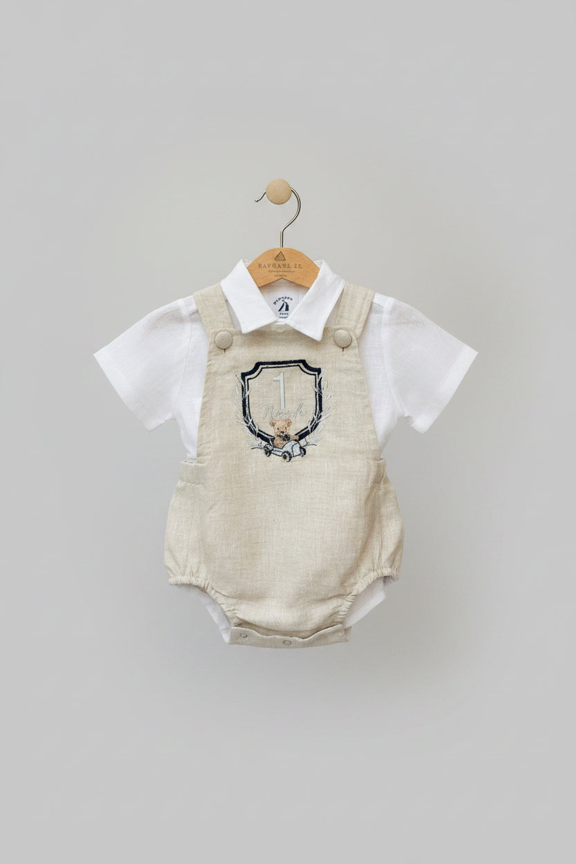 Beige linen baptism and birthday romper and shirt set