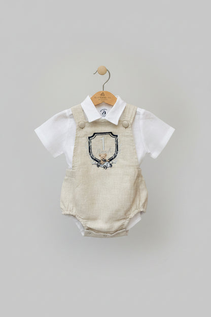 Beige linen baptism and birthday romper and shirt set