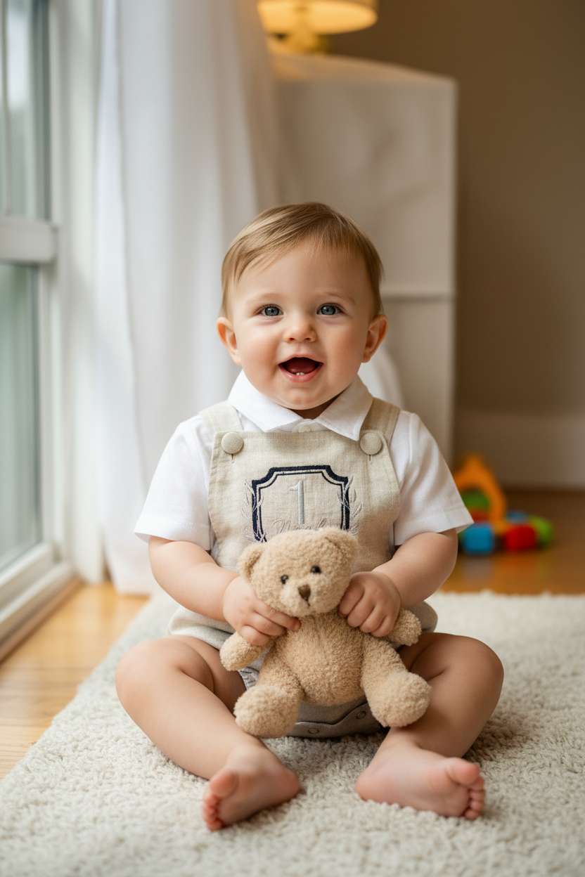 Beige linen baptism and birthday romper and shirt set