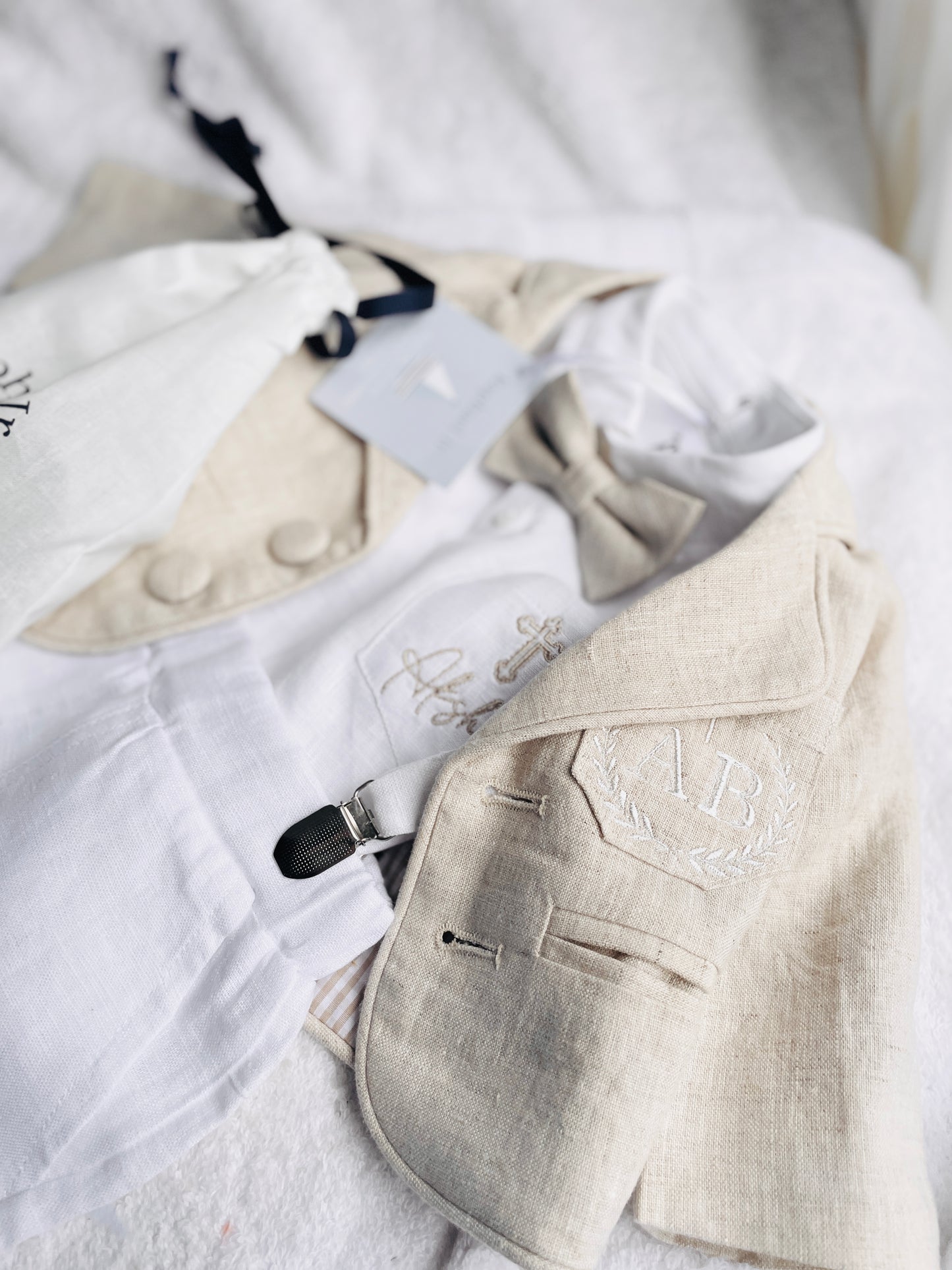 Linen Baptism Shorts, Suspenders and Shirt set with Optional Jacket