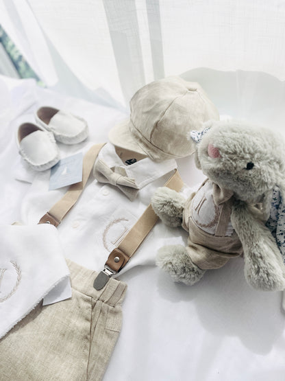 Beige Linen Baptism outfit with suspender shorts, shirt, and bow tie plus optional jacket and embroidery