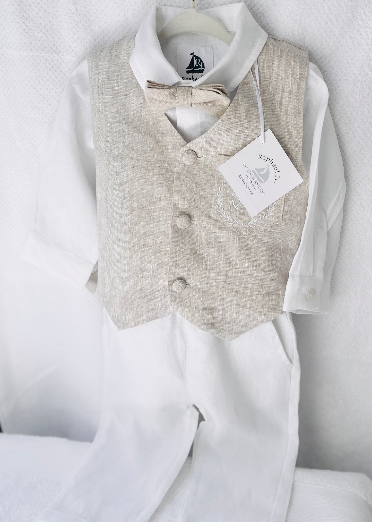 White and Beige Linen set with vest, shirt, pants, suspenders and bowtie plus optional jacket, cap and shoes