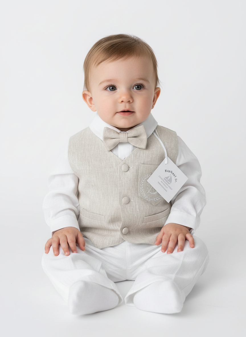 White and Beige Linen set with vest, shirt, pants, suspenders and bowtie plus optional jacket, cap and shoes