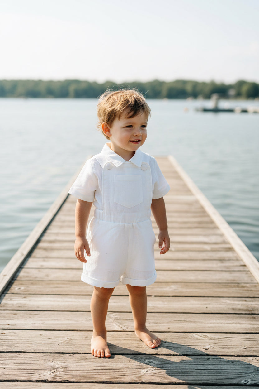Boys white pure linen overalls suspender shorts with optional shirt and embroidery