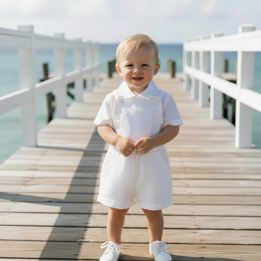 Boys white pure linen overalls suspender shorts with optional shirt and embroidery
