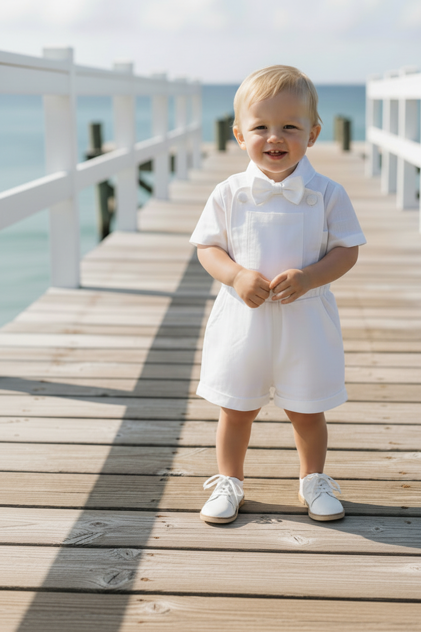 Boys white pure linen overalls suspender shorts with optional shirt and embroidery