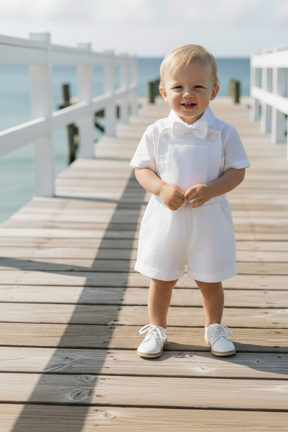 Boys white pure linen overalls suspender shorts with optional shirt and embroidery