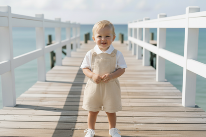 Boys beige pure linen overalls with optional shirt and embroidery
