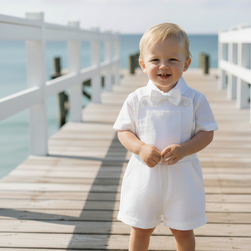 Boys white pure linen overalls suspender shorts with optional shirt and embroidery