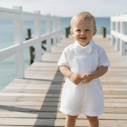 Boys white pure linen overalls suspender shorts with optional shirt and embroidery