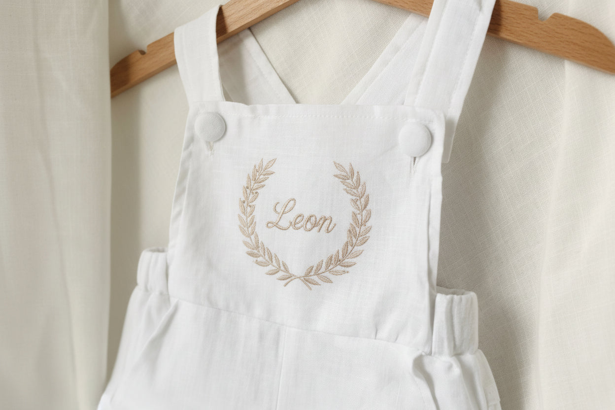 Boys white pure linen overalls suspender shorts with optional shirt and embroidery