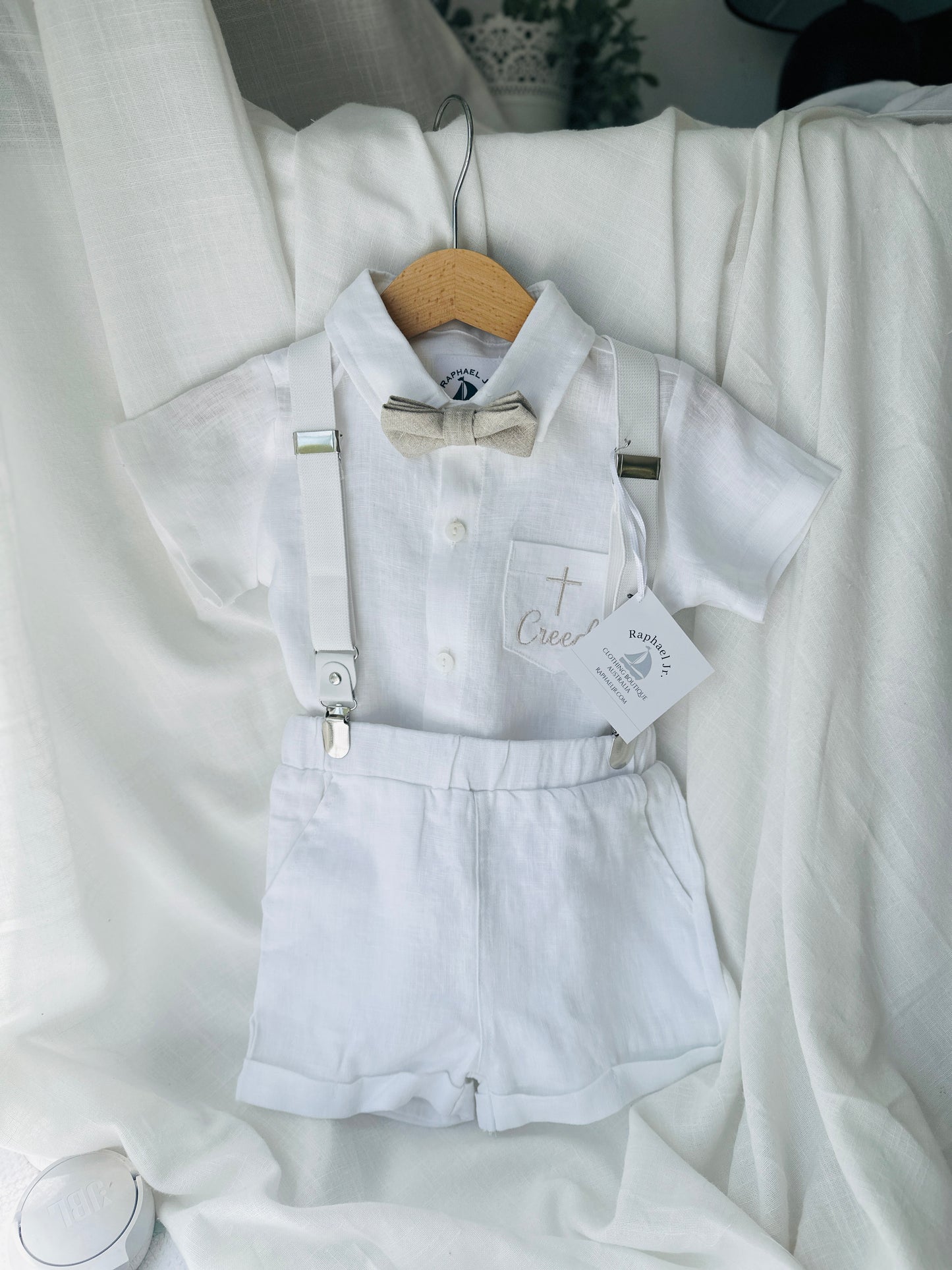 White linen summer Baptism set with shirt shorts suspenders bow tie and optional jacket