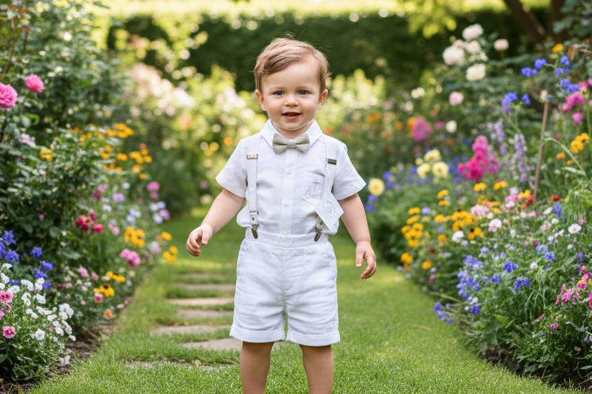 White linen summer Baptism set with shirt shorts suspenders bow tie and optional jacket