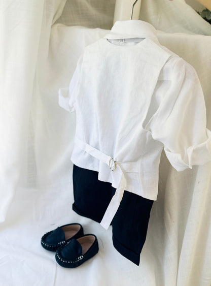 White linen vest and navy shorts summer set