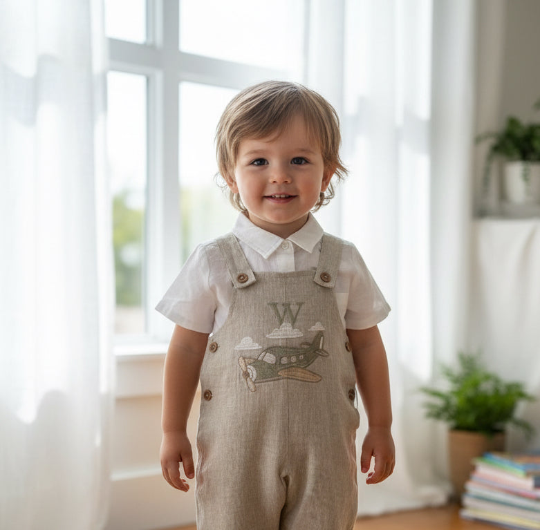 Boys Beige Linen Birthday overalls romper dungarees safari balloon fast car wild sea themes