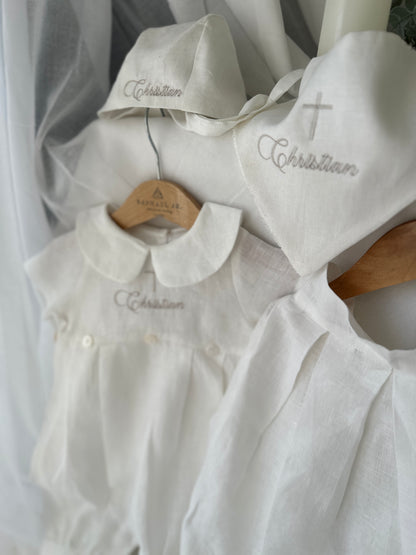White Linen Unisex Baptism Gown 3/4 length romper with detachable skirt