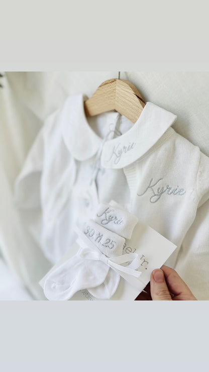 White cotton Baptism christening cardigan sweater with optional embroidery