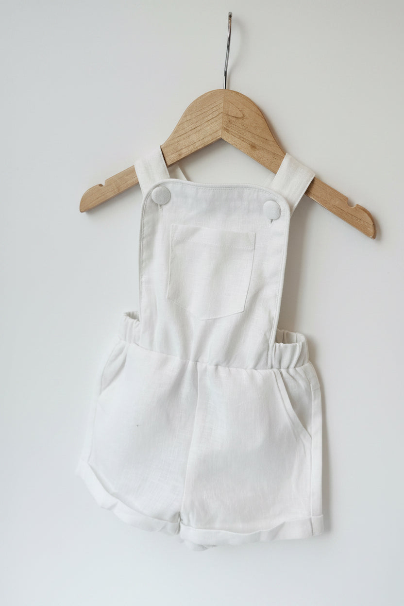 Boys white pure linen overalls suspender shorts with optional linen blouse and embroidery