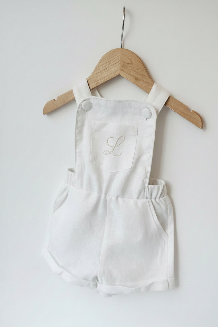 Boys white pure linen overalls suspender shorts with optional linen blouse and embroidery