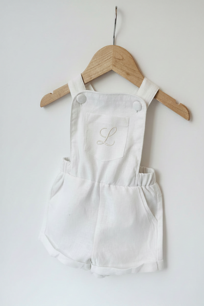 Boys white pure linen overalls suspender shorts with optional shirt and embroidery
